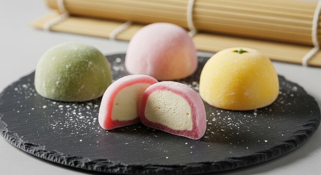 Colorful japanese mochi ice cream dessert served on a black slate plate for a sweet treat - Powered by Adobe