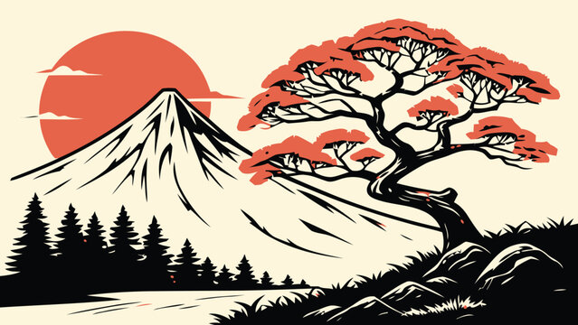 Serene Japanese Landscape Illustration Featuring Mount Fuji, a Pine Tree, and a Setting Sun