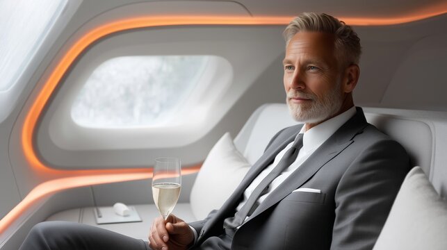Mature man in a tailored suit, enjoying a glass of champagne while seated in a luxurious airplane cabin, showcasing elegance and comfort during travel experience