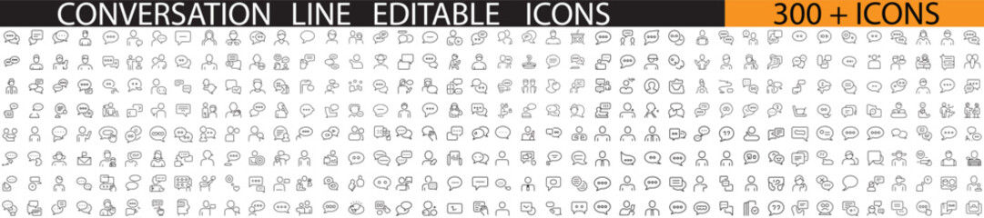 Conversation line editable icon set. Contain icons related conversation, chat, discussion, talking, speaking, and more. with white background