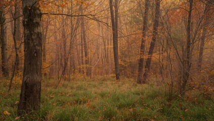 Obraz premium Autumn forest at dawn, vibrant texture for editorial header background