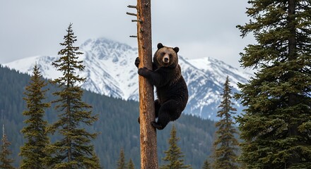 Grizzly Bear Cub Climbing a Tree in the Canadian Rockies.