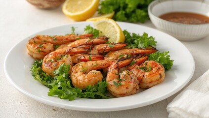 Fototapeta premium Savory prawn skewers featuring fresh greens, spices, and lemon on a white plate, protein-rich meal
