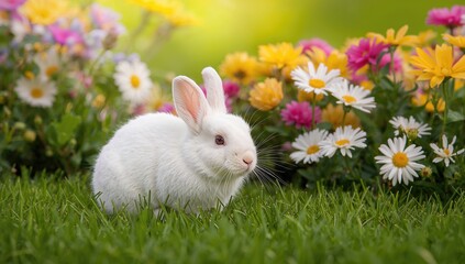 Fototapeta premium A Small White Rabbit Resting on Lush Green Grass Surrounded by Colorful Flowers and Daisies, Seasonal Change