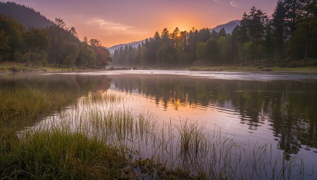 At sunset, a lake with grassy reflections surrounded by misty woodlands, seasonal change