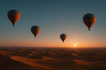 Obraz premium Hot air balloons over desert sunrise for travel and adventure marketing