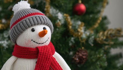 Close-up of a knitted snowman wearing a hat and scarf, festive decoration for holiday celebrations