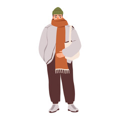 Man in winter clothes with scarf and tote bag. Vector illustration of a man dressed for cold weather wearing a beanie, long scarf, casual jacket.