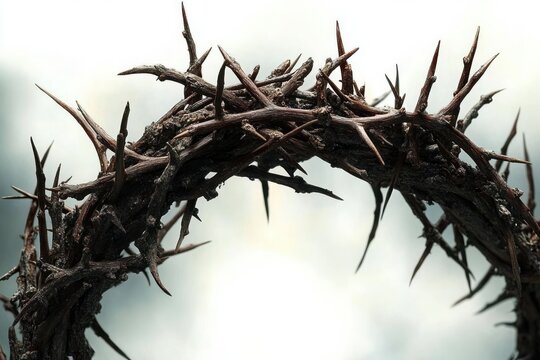 Close-up of a circular crown made of dark, sharp thorny branches against a bright, blurred background evoking a stark and intense mood - Powered by Adobe