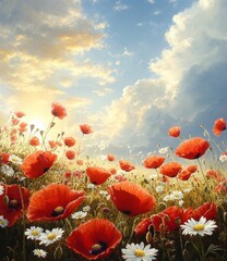 Obraz premium Bright field of vibrant red poppies and white daisies under a partly cloudy sky with warm sunlight illuminating flowers, evoking a peaceful and uplifting mood