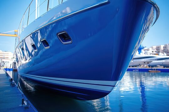 close-up view of a sleek blue yacht docked at a marina with clear water and buildings in the background under bright sunlight