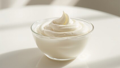 Closeup of a glass bowl containing delicious yogurt on a white surface, protein-rich meal