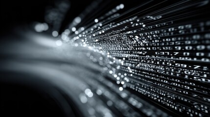 Abstract representation of digital data flow showcasing binary numbers and glowing particles against a dark background for technology and science themes