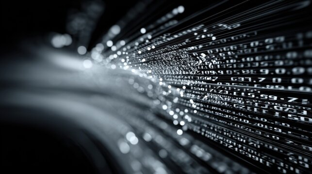 Abstract representation of digital data flow showcasing binary numbers and glowing particles against a dark background for technology and science themes