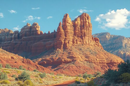 Sunlit red rock formations towering over a desert landscape with sparse vegetation and clear blue sky with scattered clouds