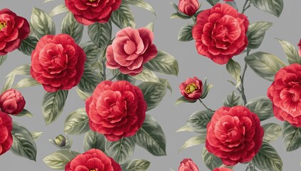 Seamless design featuring red Semi double Camellia flowers and green leaves against a light grey backdrop, suitable for editorial backgrounds