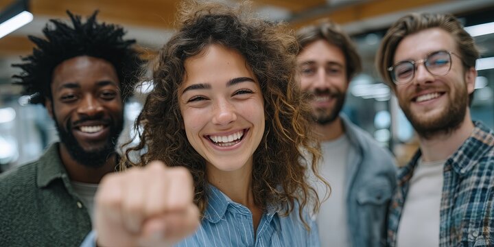 Group of diverse young adults smiling and celebrating together, showcasing friendship and teamwork in a modern workspace environment with a positive atmosphere