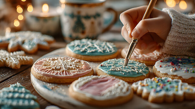 Decorated Christmas cookies being crafted by a child's hands during a festive holiday baking session