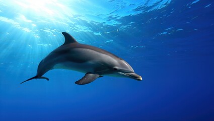 Fototapeta premium Dolphin swimming in clear blue ocean with sun rays shining through water