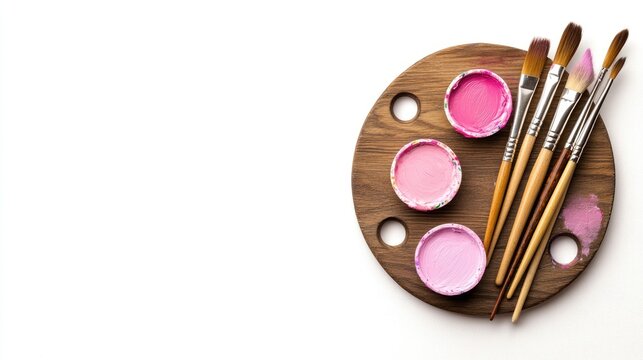 Creative wooden palette with vibrant pink paints and assorted brushes on a clean, white background waiting for artistic expression - Powered by Adobe