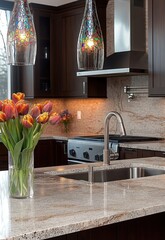 Modern kitchen interior with granite countertops, stainless steel sink and faucet, dark wood cabinets, colorful tulip bouquet in clear vase, and decorative pendant lights