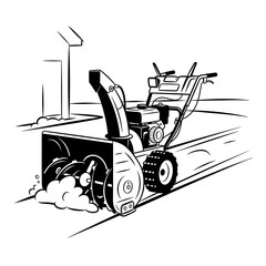 Snow blower clearing driveway in winter scene with house nearby  