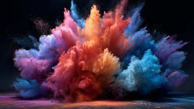 Vibrant white powder explosion on black background with multicolored holi dust clouds, capturing dynamic burst of colorful pigment in motion for creative art, festival, and abstract digital design