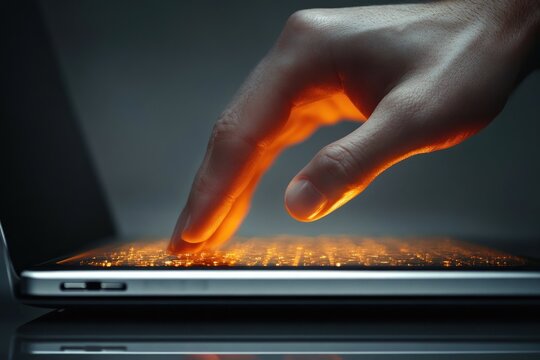 Close-up of a hand gently touching a laptop keyboard illuminated with glowing orange light, symbolizing technology and human interaction