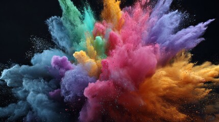 Obraz premium Vibrant white powder explosion on black background with multicolored holi dust clouds, capturing dynamic burst of colorful pigment in motion for creative art, festival, and abstract digital design
