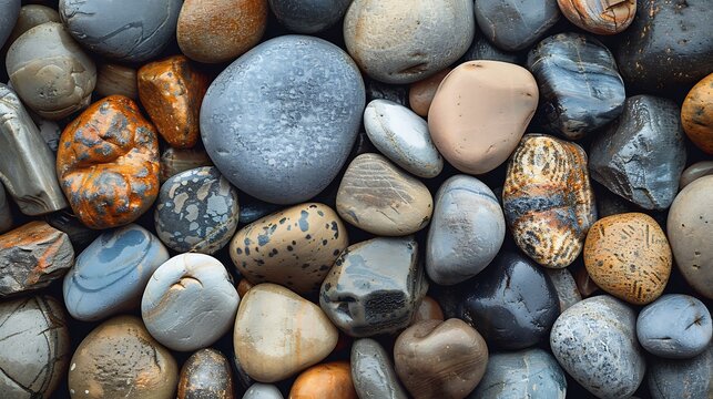 An overhead view of many colorful smooth stones and pebbles filling the frame fully