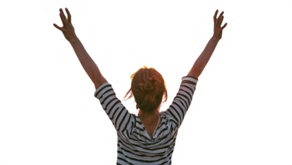 Woman from behind with hands up celebrating success, joy and victory gesture, striped shirt, casual pose, isolated on transparent background. Celebration and achievement concept