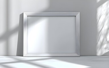 Horizontal Photo Frame Shadow on Smooth White Paper Surface, Natural Sunlight, High-Detail 8K Background
