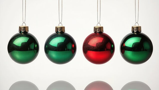 Four shiny Christmas baubles hanging in a row with three green and one red reflective ornaments against a white background, evoking festive holiday cheer