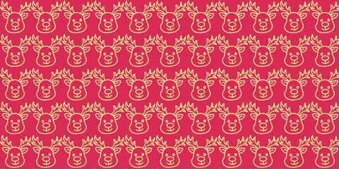 Repeating festive pattern of golden outline reindeer heads with decorative antlers, a seamless wildlife illustration on a red background