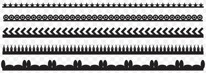 Scalloped edge seamless set. borders and dividers. Simple scalloped border. Repeat cute vintage frill ornament. Texture ribbons. stripe, tape collection isolated on Transparent Background. EPS 10.