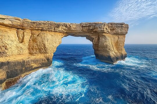 Natural rock arch formation over vibrant blue sea with waves crashing beneath against clear sky