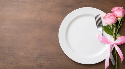 Elegant Valentine's Day table setting with pink roses and delicate ribbon on a pristine white plate