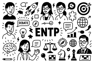 ENTP personality type with creative thinking, communication, and idea generation symbols in black and white doodle style, Transparent Background