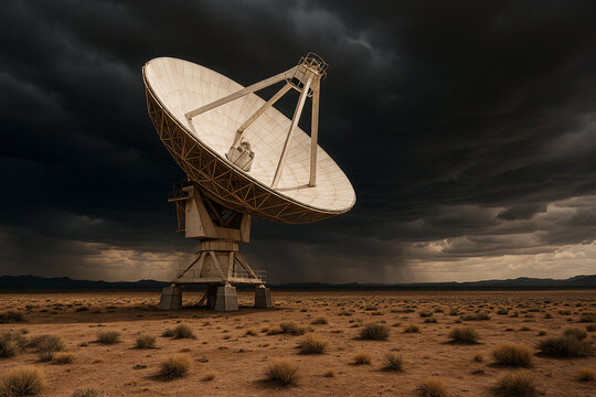 Dramatic radio telescope on desert landscape under stormy skies, powerful symbol of discovery, science, and future technology exploration in remote location