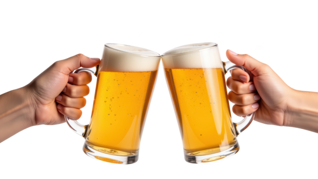 Cheers with two beer mugs golden liquid frothy top celebration friendship clinking glasses refreshing drink social gathering