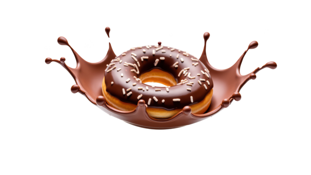 Delicious chocolate donut splashing in chocolate sauce, creating delightful and appetizing scene