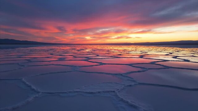 Vibrant Sunset Over Cracked Salt Flats Reflecting Colorful Sky.