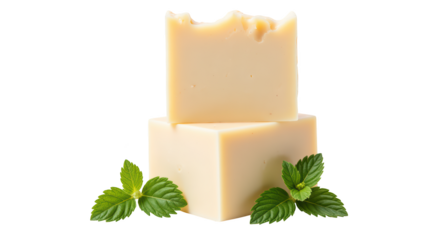 Creamy soap bars with fresh mint leaves create refreshing and inviting atmosphere. Perfect for skincare and relaxation