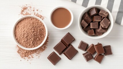 Cacao chunks and chocolate pieces on a rustic wooden table with playful elements and rich textures captured from above