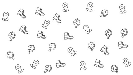 Boots, globes, and location pins are randomly scattered, perfect for travel blogs, adventure websites, or geographyrelated designs.