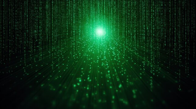 Futuristic Green Matrix Code Rain with Glowing Light, Abstract Digital Background, Technology Concept, Data Streaming, Cyber Environment, 3D Visualization