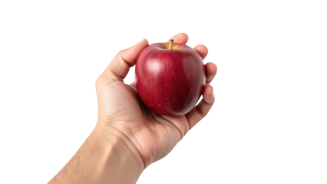 Hand holding red apple, showcasing its vibrant color and smooth texture, evokes sense of freshness and health