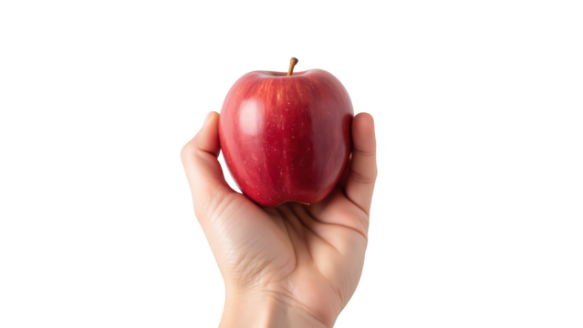 Fresh red apple held in hand, showcasing its vibrant color and smooth texture, perfect for healthy snacking or cooking