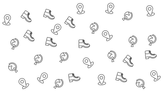 Boots, globes, and location pins are randomly scattered, perfect for travel blogs, adventure websites, or geographyrelated designs.