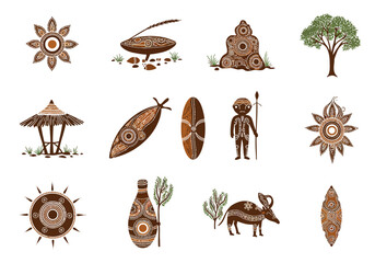 Aboriginal Art Elements Set Traditional Dot Paintings and Motifs